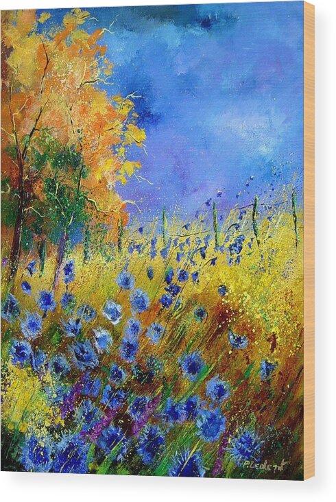 Poppies Wood Print featuring the painting Orange tree and blue cornflowers by Pol Ledent
