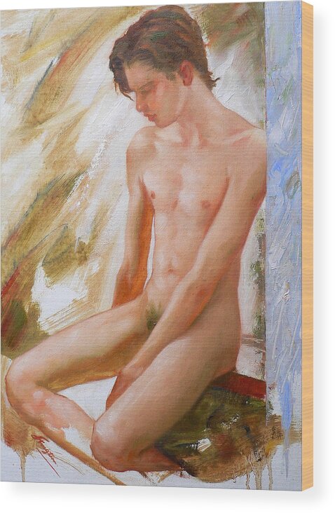 Oil Painting Wood Print featuring the painting Original Man Oil Painting Nude Sitting On The Window#16-2-5-28 by Hongtao Huang