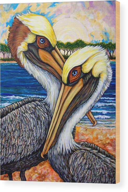 Pelican Wood Print featuring the painting Pelican Pair by Sherry Dole