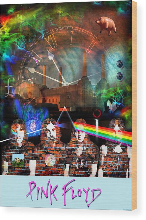 Pink Floyd Wood Print featuring the digital art Pink Floyd Collage by Mal Bray