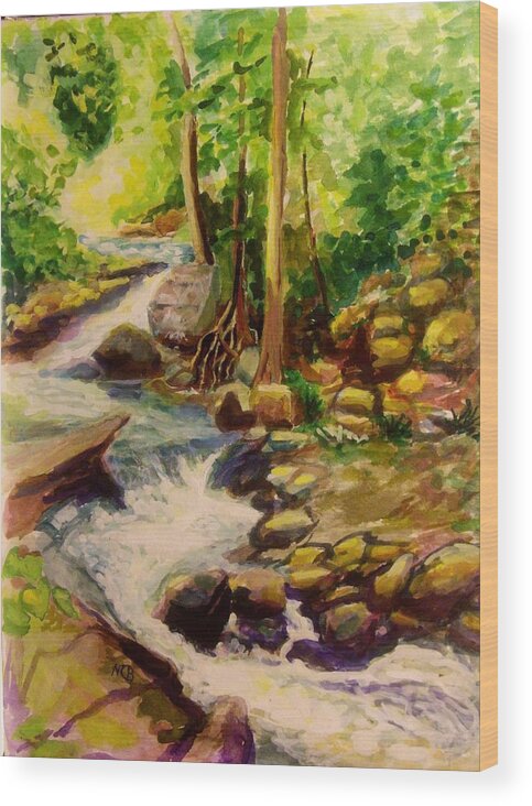 Watercolor Wood Print featuring the painting Pocantica River Rapids by Nicolas Bouteneff