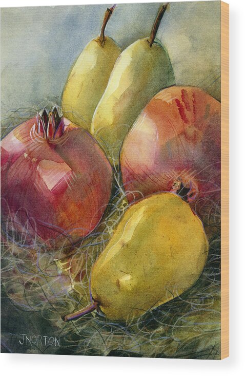 Jen Norton Wood Print featuring the painting Pomegranates and Pears by Jen Norton