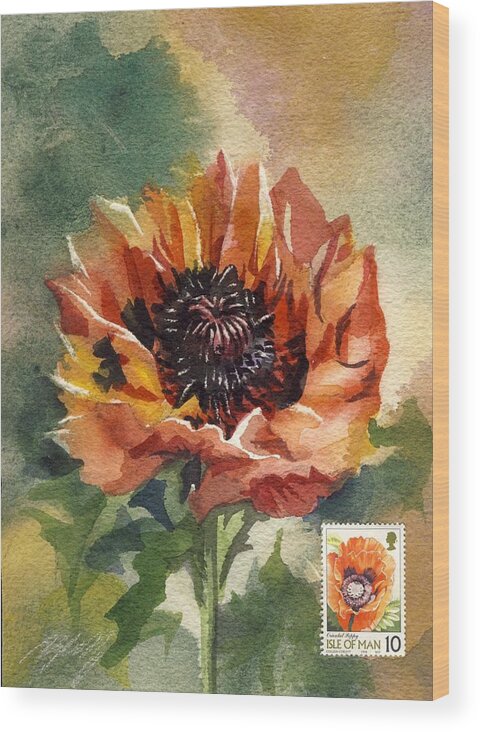 Stamp Wood Print featuring the painting Poppy painting with stamp by Alfred Ng