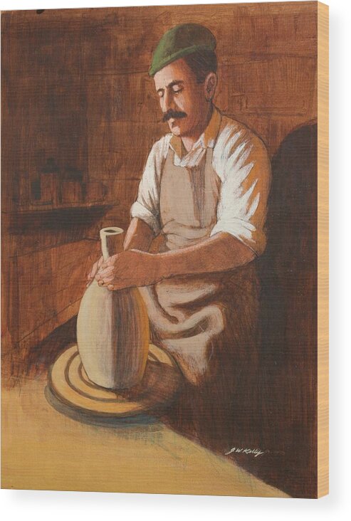 Artist Throwing A Clay Pot Wood Print featuring the painting Potter's Wheel by J W Kelly