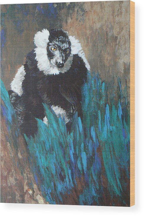 Black And White Ruffed Lemur Wood Print featuring the painting Primate Of The Madagascan Rainforest by Margaret Saheed