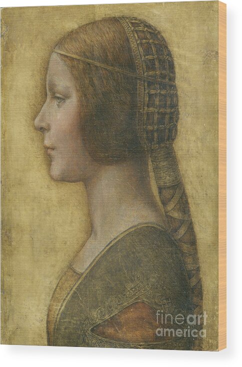 Female; Portrait; Plait; Hairstyle; Drawing; Renaissance; Leonardo Wood Print featuring the painting Profile of a Young Fiancee by Leonardo Da Vinci
