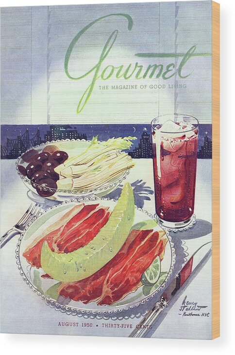 Food Wood Print featuring the photograph Prosciutto, Melon, Olives, Celery And A Glass by Henry Stahlhut