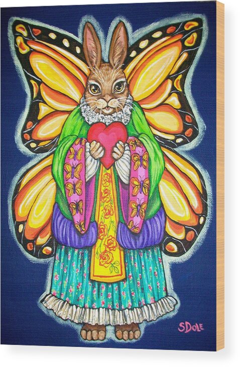 Rabbit Wood Print featuring the painting Rabbit Angel by Sherry Dole