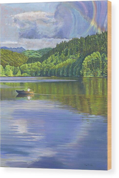 Birdseye Art Studio Wood Print featuring the painting Lake Padden - View from the Alex Johnston Memorial Bench by Nick Payne