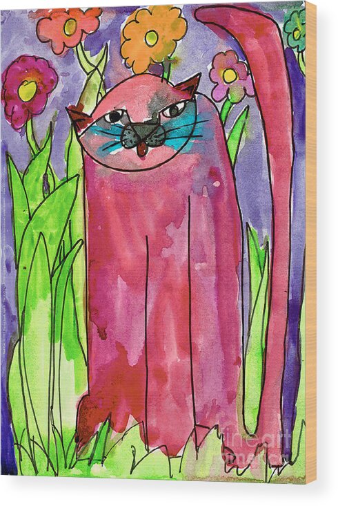 Cat Wood Print featuring the painting Red Cat by Bianca Saad Age Eight