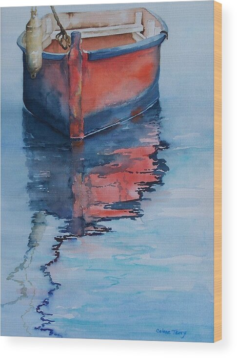 Seascape Wood Print featuring the painting Red Dinghy by Celene Terry