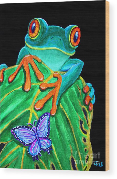 Red Eyed Tree Frog Wood Print featuring the painting Red-eyed tree frog and butterfly by Nick Gustafson