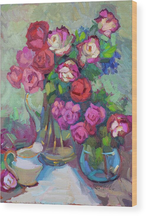 Roses Wood Print featuring the painting Roses In Two Vases by Diane McClary
