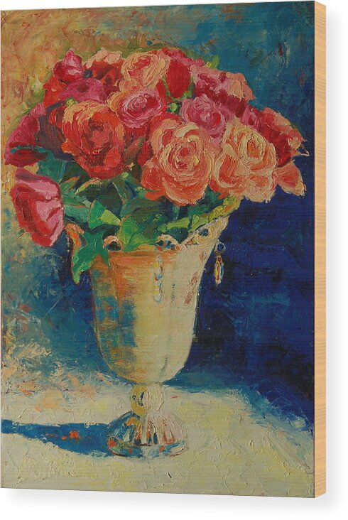 Roses In A Wire Vase Wood Print featuring the painting Roses In Wire Vase by Thomas Bertram POOLE