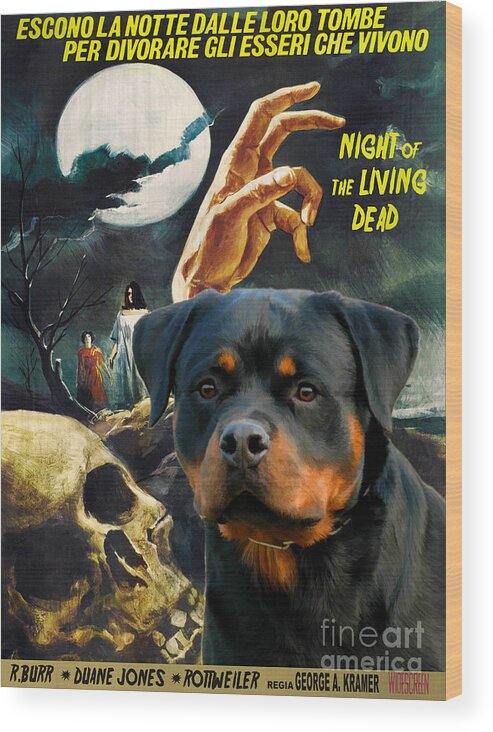 Rottweiler Wood Print featuring the painting Rottweiler Art Canvas Print - Night of the Living Dead Movie Poster by Sandra Sij