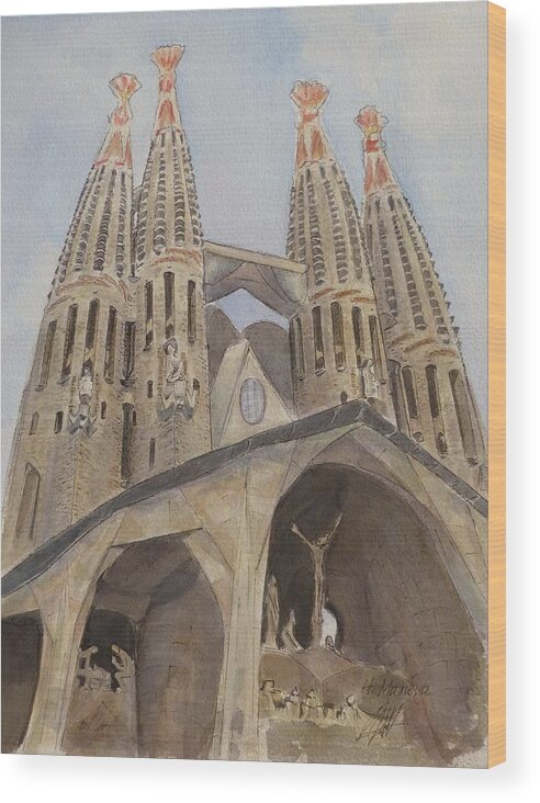 Architecture Wood Print featuring the painting Sagrada Familia Barcelona by Henrieta Maneva