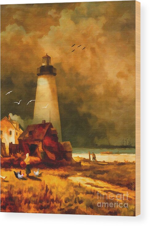 Lighthouse Wood Print featuring the digital art Sandy Hook Lighthouse - after Moran by Lianne Schneider
