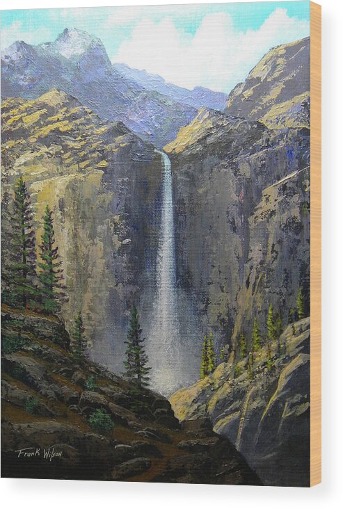 Frank Wilson Wood Print featuring the painting Sierra Nevada Waterfall by Frank Wilson