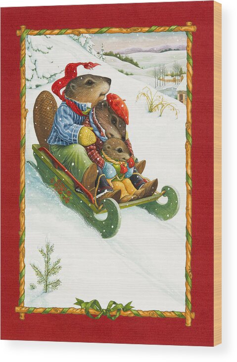 Christmas Wood Print featuring the painting Sledding by Lynn Bywaters