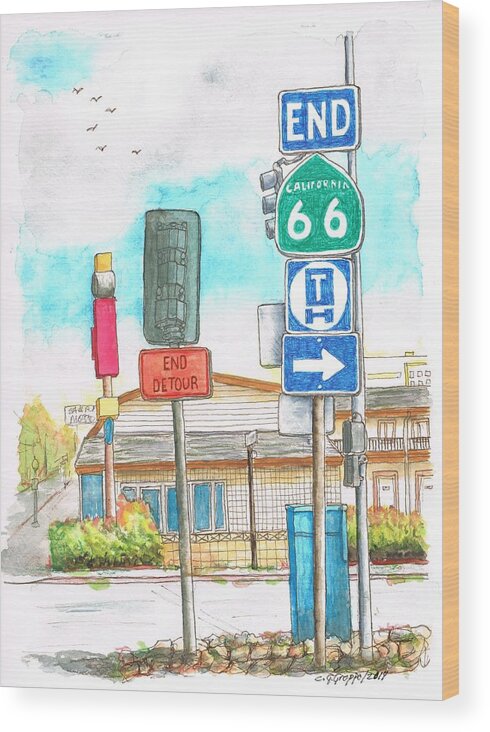 Route 66 Wood Print featuring the painting Street signs in Route 66, San Bernardino, California by Carlos G Groppa