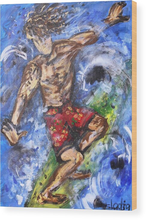 Surfing Wood Print featuring the painting Surfer Dude by Sladjana Lazarevic