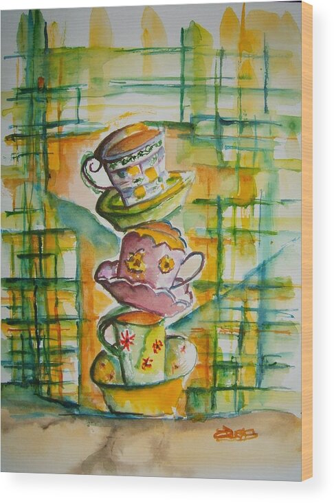 Tea Wood Print featuring the painting Teacup Tower by Elaine Duras