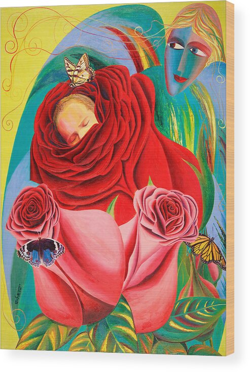 The Angel Of Roses Wood Print featuring the painting The Angel of Roses by Israel Tsvaygenbaum