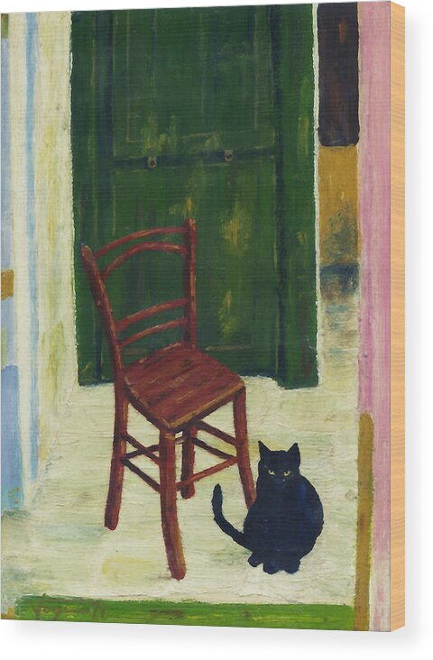 Cat Wood Print featuring the painting GREEN DOOR and  BLACK CAT by Hartmut Jager