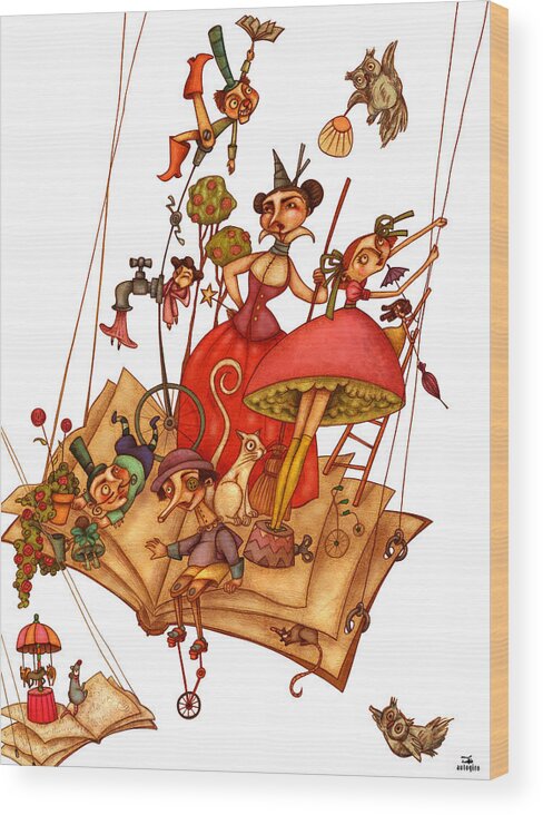 Children Wood Print featuring the painting The Books World by Autogiro Illustration