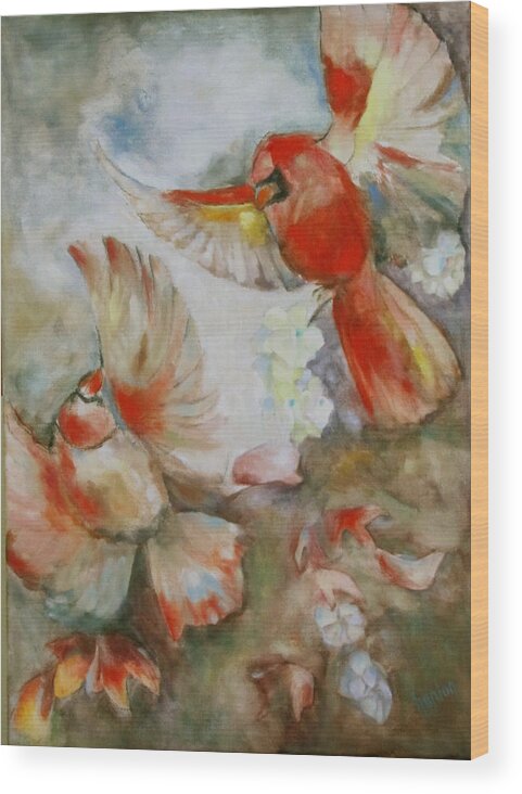 Cardinals Wood Print featuring the painting The Dance of the Cardinals by Susan Hanlon