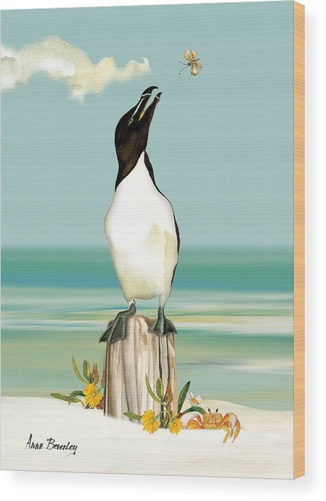 Razorbill Wood Print featuring the painting The Penguin has Landed by Anne Beverley-Stamps