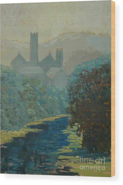 Reflections On Water Wood Print featuring the painting The river by the castle by Monica Elena