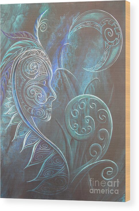 Moon Wood Print featuring the painting Tribal Moon Goddess 2 by Reina Cottier