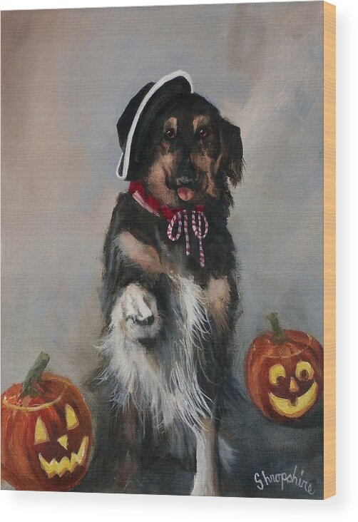 Halloween Wood Print featuring the painting Trick or Treat Dog by Tom Shropshire