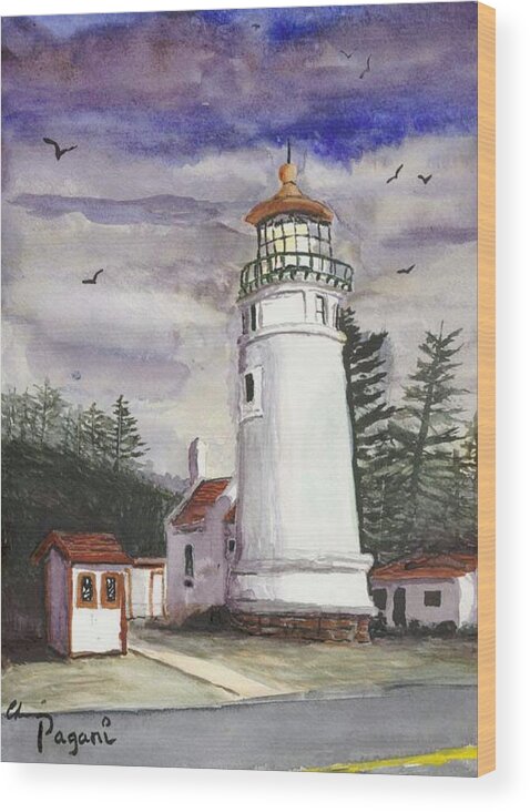 Light House Wood Print featuring the painting Umpqua Lighthouse by Chriss Pagani