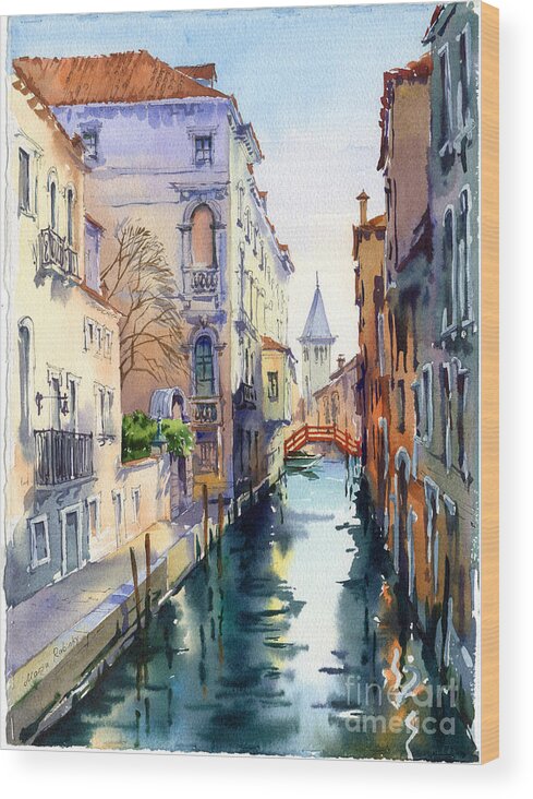 Venetian Canal Wood Print featuring the painting Venetian Canal V by Maria Rabinky