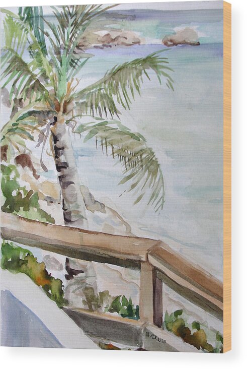 Palm Tree Wood Print featuring the painting View with Palm Tree by Mafalda Cento