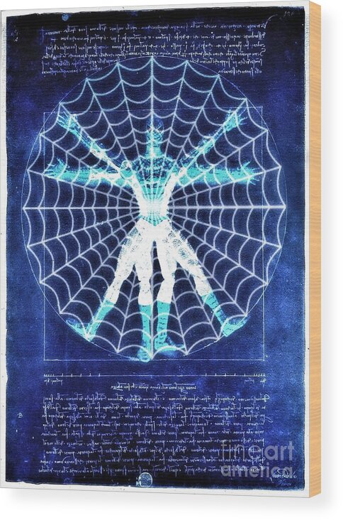 Spider-man Wood Print featuring the digital art Vitruvian Spiderman white in the sky by HELGE Art Gallery