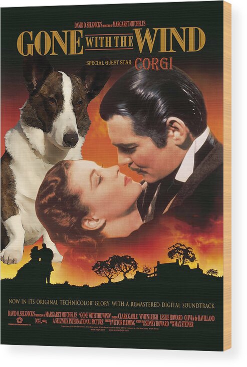 Welsh Corgi Cardigan Wood Print featuring the painting Welsh Corgi Cardigan Art Canvas Print - Gone with the Wind Movie Poster by Sandra Sij