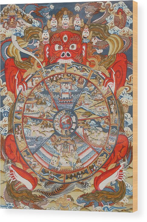 Wheel Of Life Or Wheel Of Samsara Wood Print featuring the painting Wheel of life or wheel of Samsara by Unknown