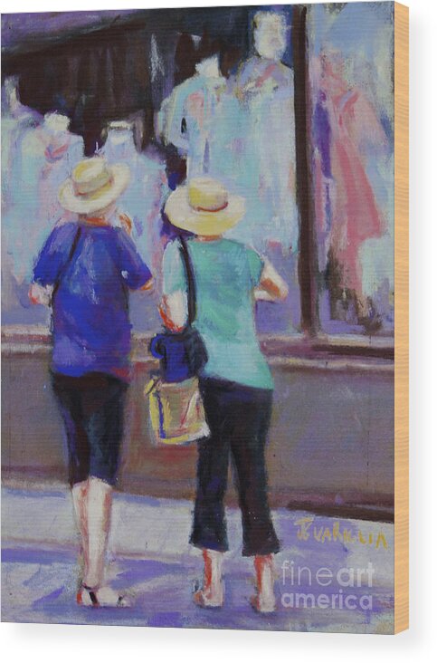 Women Window Shopping Wood Print featuring the pastel Window Shopping by Joyce Guariglia