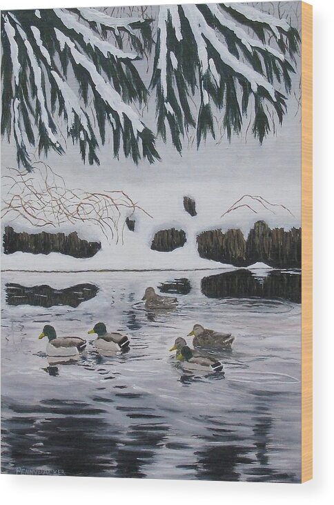 Mallard Ducks Wood Print featuring the painting Winter Tranquility by Barb Pennypacker