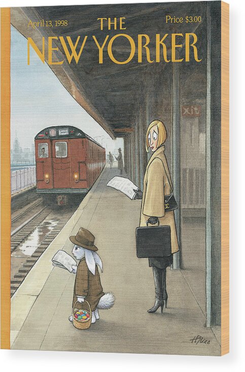 Hbl Harry Bliss Wood Print featuring the painting Woman On Train Platform Looking At Easter Bunny by Harry Bliss