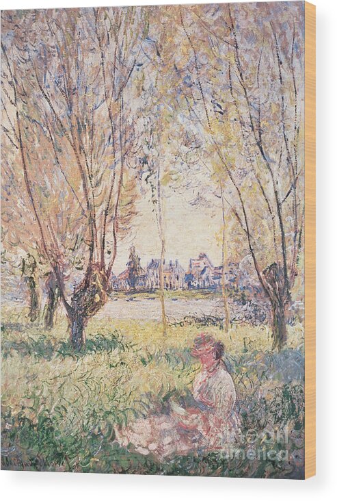 Claude Monet Wood Print featuring the painting Woman seated under the Willows by Claude Monet