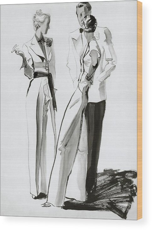 Fashion Wood Print featuring the digital art Women And A Man In Suits by Rene Bouet-Willaumez