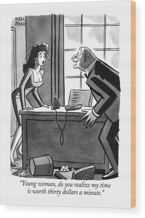 
(old Executive To Secretary As He Chases Her Around Desk.) Money Wood Print featuring the drawing Young Woman by Peter Arno