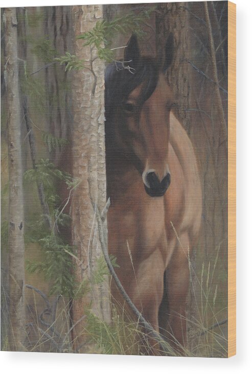 Horse Behind Tree Wood Print featuring the painting Bashful by Tammy Taylor