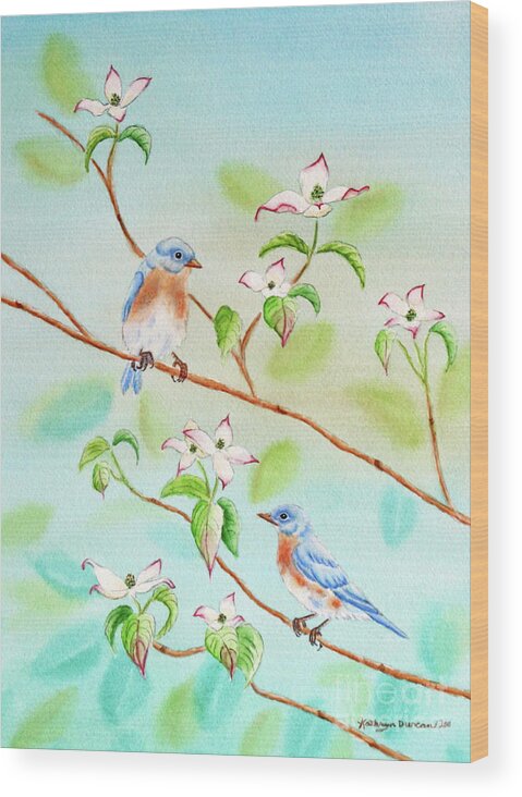 Bluebirds Wood Print featuring the painting Bluebirds In Dogwood Tree II by Kathryn Duncan