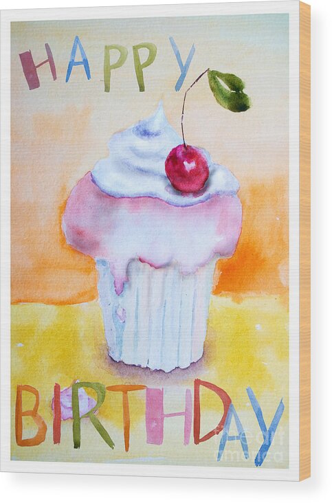 Background Wood Print featuring the painting Cake with insription Happy Birthday by Regina Jershova