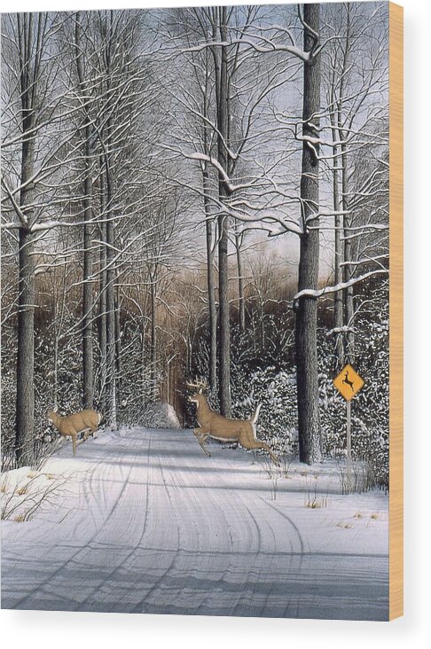 Wooded Landscape Wood Print featuring the painting Deer Crossing by Conrad Mieschke
